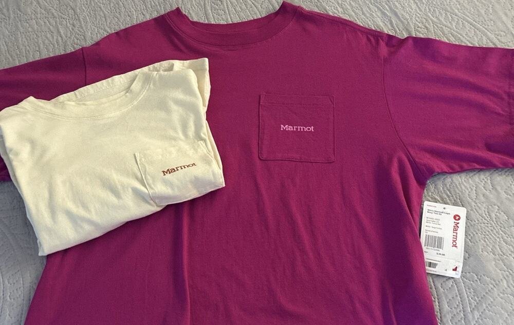 Two Marmot Boxy Logo SS Cropped Tees NWT Fuschia and Cream